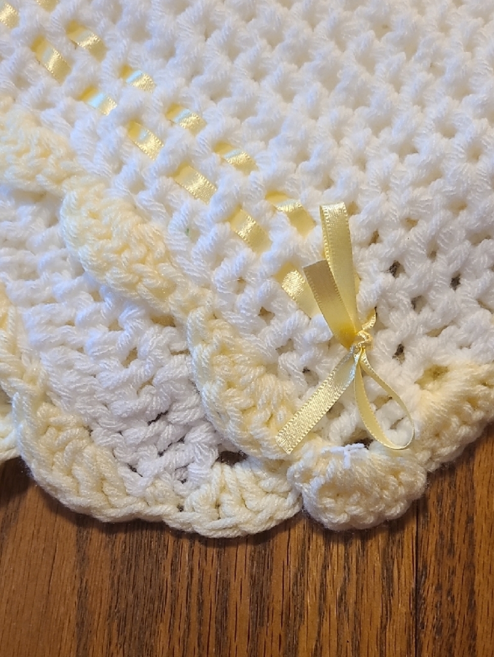 Handmade White Crocheted Baby Blanket / AfghN with Yellow Ribbon - Picture 2 of 6